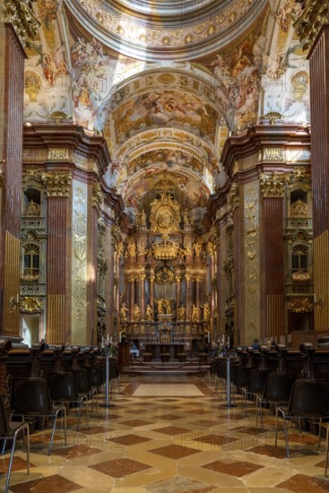 Melk, Austria, 22 September, 2022: vertical view of the ostentatious and ornate Melk Abbey church, Europe