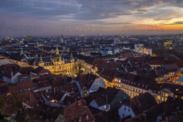 View from the Schlossberg, illuminated town hall, roofs in the old town, blue hour, sunset, Graz, Styria, Austria, Europe