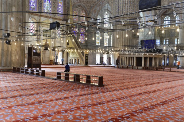 Fatih Mosque, Fatih Camii, Conqueror Mosque, Fatih district, Istanbul, European part, Turkey, Bright prayer room of a mosque covered with lights and patterned carpets, Istanbul, Istanbul province, Turkey, Asia