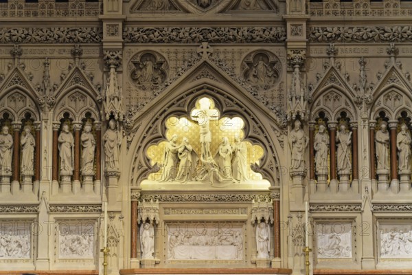 Interior view of the majestic Trinity Church, Detailed reliefs and sculptures on a church wall, Manhattan, New York City, New York, USA, North America