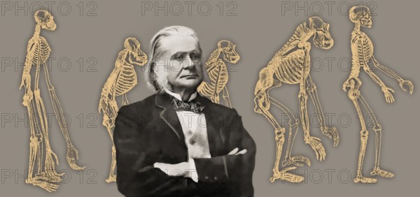 Portrait of Thomas Henry Huxley, 1825 – 1895, English biologist and anthropologist, specialized in comparative anatomy, frontispiece to his book „Evidence as to Man's Place in Nature“, 1863, digitally edited