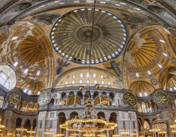 A picture of the colorful and gorgeous interior of the Hagia Sophia, in Istanbul