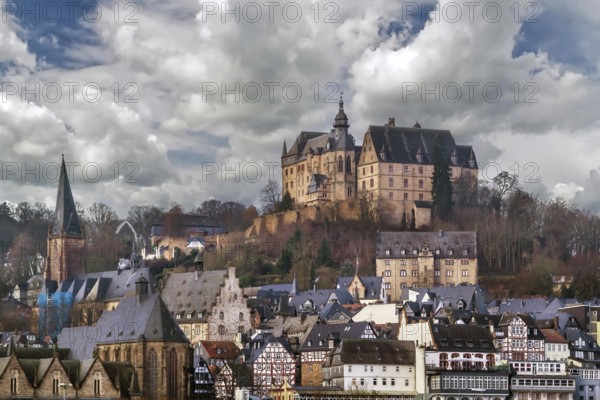 View of Marburg with castle on hill, Germany, Europe