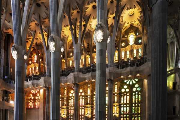 The stained glass windows by Catalan artist Joan Vila i Grau (1932-2022) for the World Heritage church La Sagrada Familia by Antoni Gaudí, Barcelona, Catalunya, Spain, Europe
