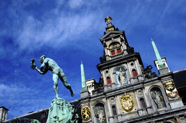 Brabo fountain and town hall in Renaissance style, Grote Markt square, city centre, Antwerp, Anvers, Flanders, Belgium, Benelux, Europe