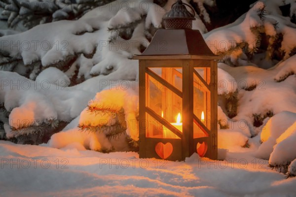 A lantern shines in the snow at Christmas. Romantic light on an evening in winter. Silence and tranquillity Austria
