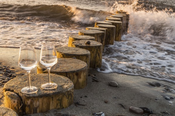 Wine on the baltic sea beach at sunset