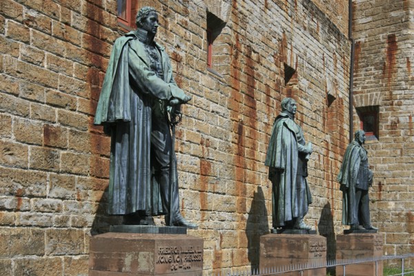 Statues of King William III, King Frederick William IV and Emperor William I of Prussia, Hohenzollern Castle, ancestral castle of the Prussian royal family and former ruling German imperial house of Hohenzollern, Bisingen, Baden-Württemberg, Germany, Europe