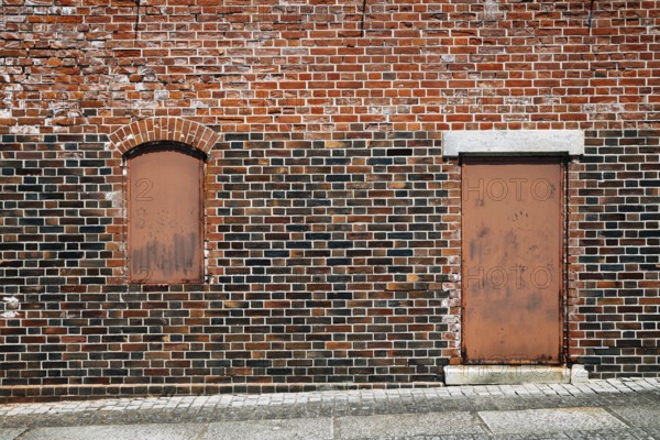 Brick wall and door, Ozu Redbrick Hall Akarenga-kan in Ehime, Shikoku, Japan, Asia
