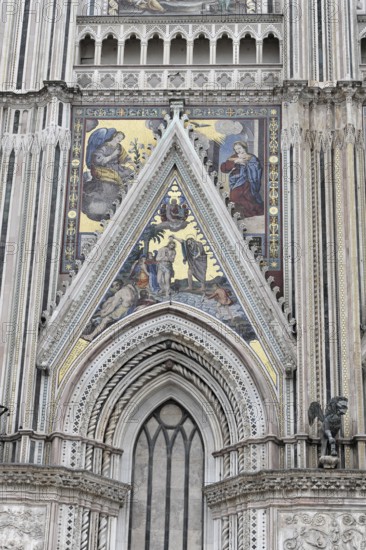 Orvieto Cathedral, Duomo di Orvieto, Umbria, Italy, Europe, Gothic architecture with detailed frescoes and biblical depictions on the façade, Orvieto, Europe