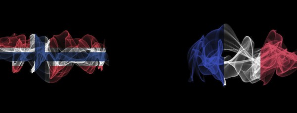 Flags of Norway and France on Black background, Norway vs France Smoke Flags