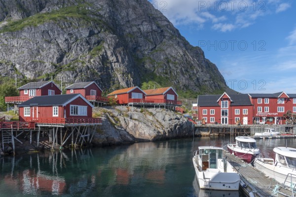 Landscape with traditional fishermen's houses, the so-called rorbuer, A i Lofoten, Moskenesoy, Lofoten, Norway, Europe