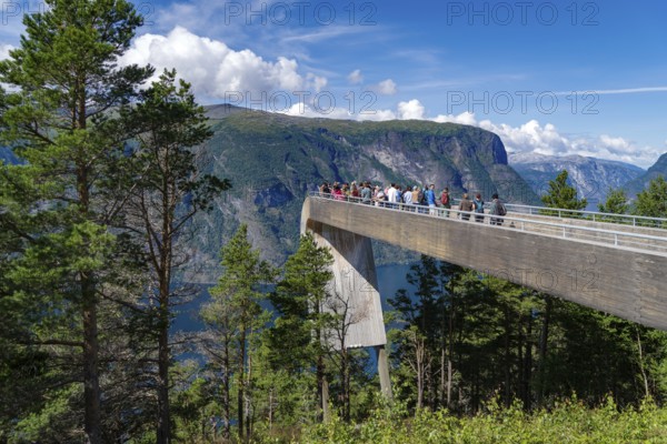 NORWAY, AURLANDSVANGEN, AUGUST 1, 2023: High viewpoint over the Aurlandsfjord, crowded with tourists