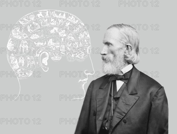 Orson Squire Fowler, 1809 – 1887, American phrenologist with a Phrenological Chart, head with mental and moral faculties
