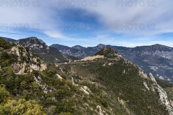 Landscape view of the idyllic coastal mountain village of Sainte-Agnes in the Alpes-Maritime region of the Cote d'Azur in southern France