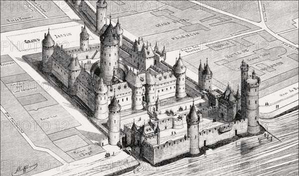 Pictorial reconstruction of the Louvre Palace in the 14th century by Fédor Joseph Hubert Hoffbauer, Paris, France, Europe