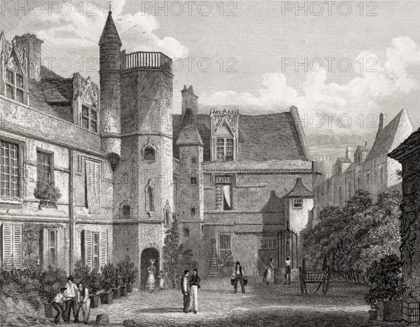 The Musée de Cluny, Paris, antique steel engraved print, 1831