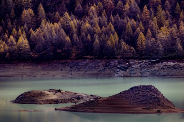 Two small islands in a lake surrounded by autumn trees with a calm water surface, Lago di Devero reservoir, Val d'Ossola, Verbano-Cusio-Ossola province, Piedmont, Italy, Europe