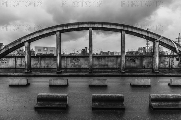 Brussels, Belgium, 03 28 2018: Old Industrial bridge called Leeuwoprit, Rampe du Lion, Albertbridge with bad weather comming, Europe
