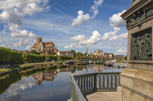Detail of Statue of Paul Bert and town view from Pont Paul Bert, Auxerre, Yonne, France, Europe