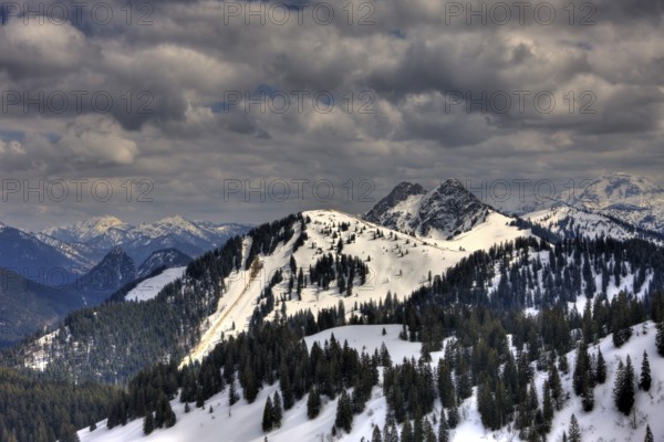 View from Seekarkreuz to Bavarian Alpine foothills, Germany, FRG, Mangfall mountains, Bavaria, Europe