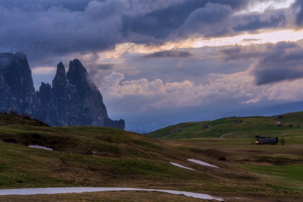 Panoramic view of Mount Sciliar from Alpe di Siusi in the Dolomites in South Tyrol, Italy, Europe