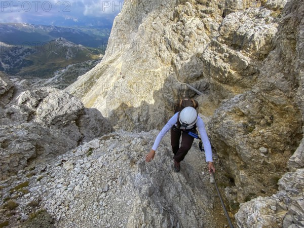 Adventurous hike up to mount Lagazuoi in the Dolomite Alps, autonomous pronvince of South Tirol in Italy