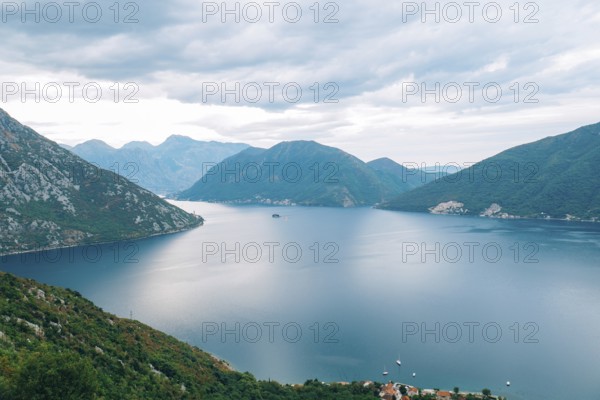 The island of Gospa od Skrpela, Kotor Bay, Montenegro. View from the high mountain above Risan