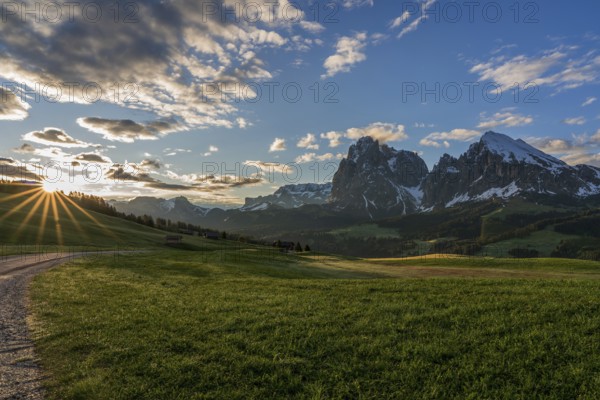Panoramic view of the Langkofel Group from Seiser Alm in the Dolomites in South Tyrol, Italy, Europe
