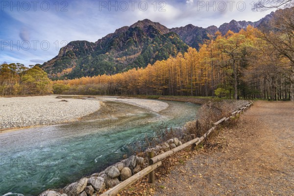 Kamikochi Japan, Nature landscape at Kamikochi Japan, autumn fall foliage with pond and mountain