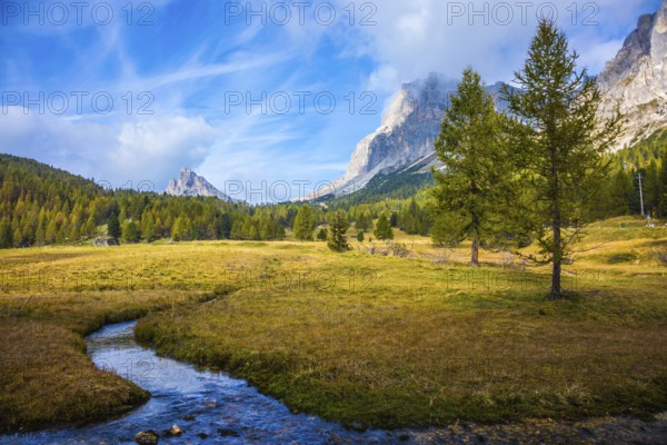 The concept of ecological and extreme tourism. Cold fast spring flows through the valley. The dizzying Dolomites. Sharp rocks surround the grassy valleys