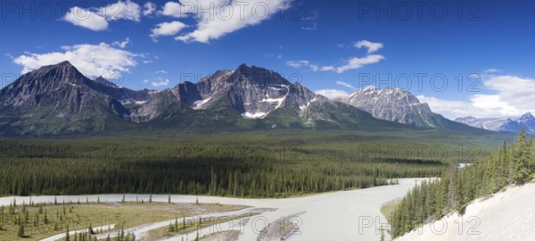 Panorama of Mount Christie and Mount Fryatt with the Athabasca River below, Alberta, Canada, North America