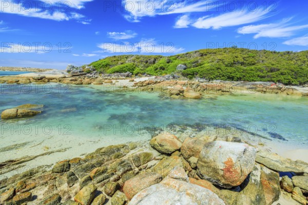 Scenic Madfish Island has the best William Bay rock pools. William Bay NP, Albany region, Western Australia. Sunny day with blue sky. Popular summer destination in Australia