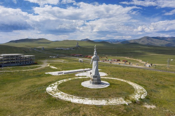 Statue of mongolian Mother and huge equestrian statue of Genghis Khan in the steppe, Mongolia, Ulaanbaatar, Asia