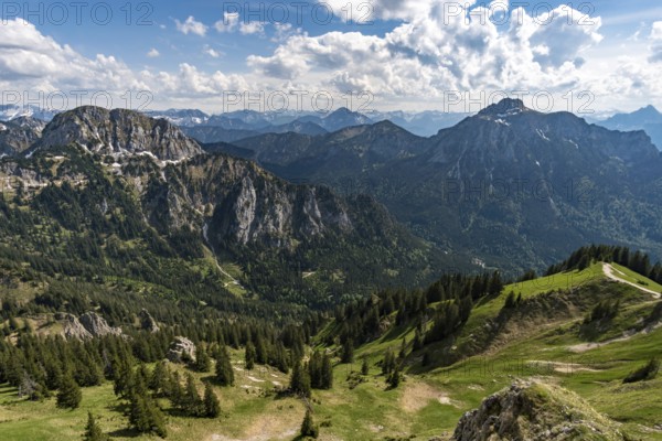Hiking and climbing on the Tegelberg via the via ferrata at Neuschwanstein Castle in the Ammergau Alps near Schwangau
