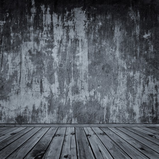 Interior with empty grunge wall and wooden floor