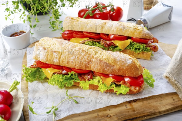 Crispy baguette with bacon, tomatoes and cheese
