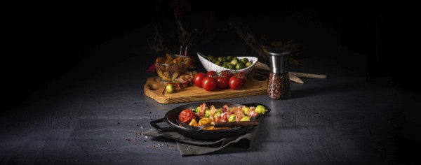 Brussels sprouts and bacon skewers with potato widgets