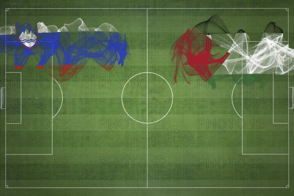 Slovenia vs Palestine Soccer Match, national colors, national flags, soccer field, football game, Competition concept, Copy space