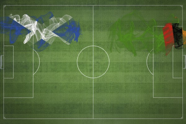Scotland vs Zambia Soccer Match, national colors, national flags, soccer field, football game, Competition concept, Copy space