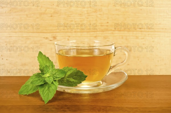 Herbal tea in a glass cup with mint on a background of wooden boards