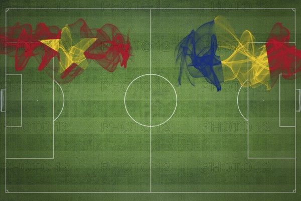 Vietnam vs Romania Soccer Match, national colors, national flags, soccer field, football game, Competition concept, Copy space