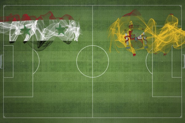 Syria vs Spain Soccer Match, national colors, national flags, soccer field, football game, Competition concept, Copy space