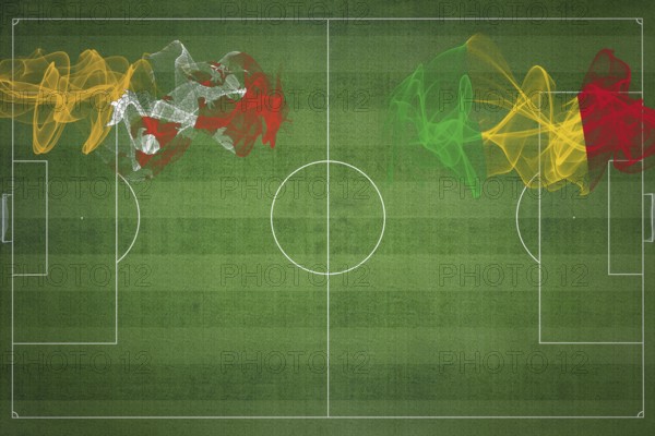 Bhutan vs Mali Soccer Match, national colors, national flags, soccer field, football game, Competition concept, Copy space