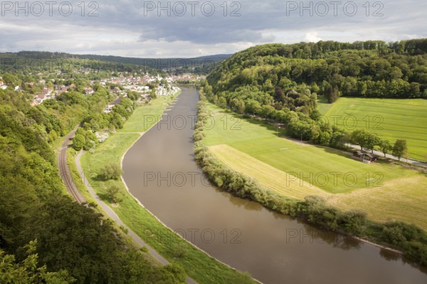 View from the Skywalk on River Weser, Beverungen, Weser Uplands, North Rhine-Westphalia, Germany, Europe