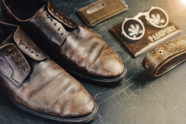 Brown shoes and vintage travel accessories illuminated with a warm lens flare effect