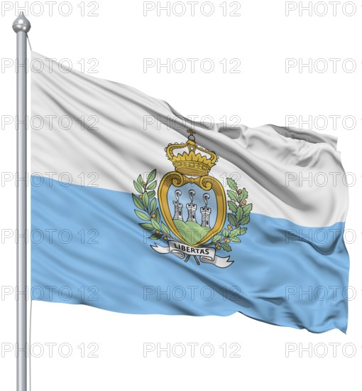 Flag of San Marino with flagpole waving in the wind against white background