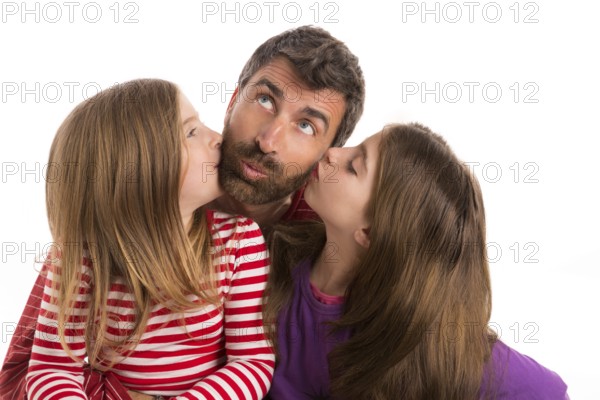 Happy family beard father and two kid daughters blue eyes on white background