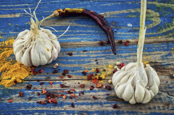 Garlic, pepper and seasoning on wooden vintage background.selective focus