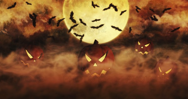 Halloween Pumpkins At The Cemetery Rising From The Mist With Clouds and The Moon In The Background 3D illustration